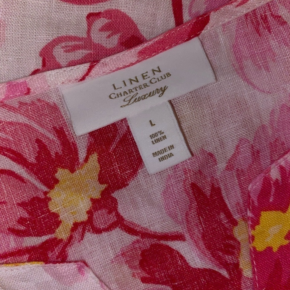 CHARTER CLUB 100% Linen Tropical Floral Pattern Tie Sleeve Blouse SZ LG - Picture 8 of 11